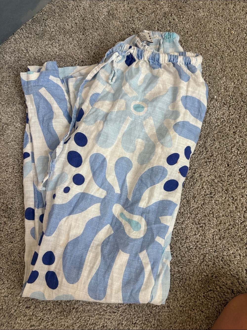 Light Blue Floral Print Linen-Blend Pants
